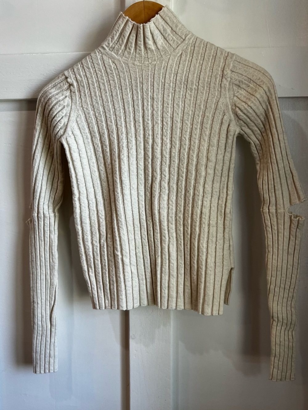 Helmut Lang Wool Cream Ribbed Turtleneck Sweater